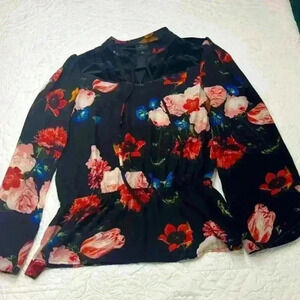 Worthington Med Shirt Drop Waist Floral V Neck Tie Pullover Tunic Womens Chiffon